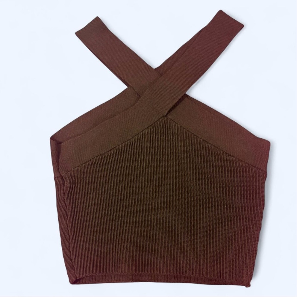 Aritzia Babaton Sculpt Knit Chocolate Brown Ribbed Cross-Strap Tank Top